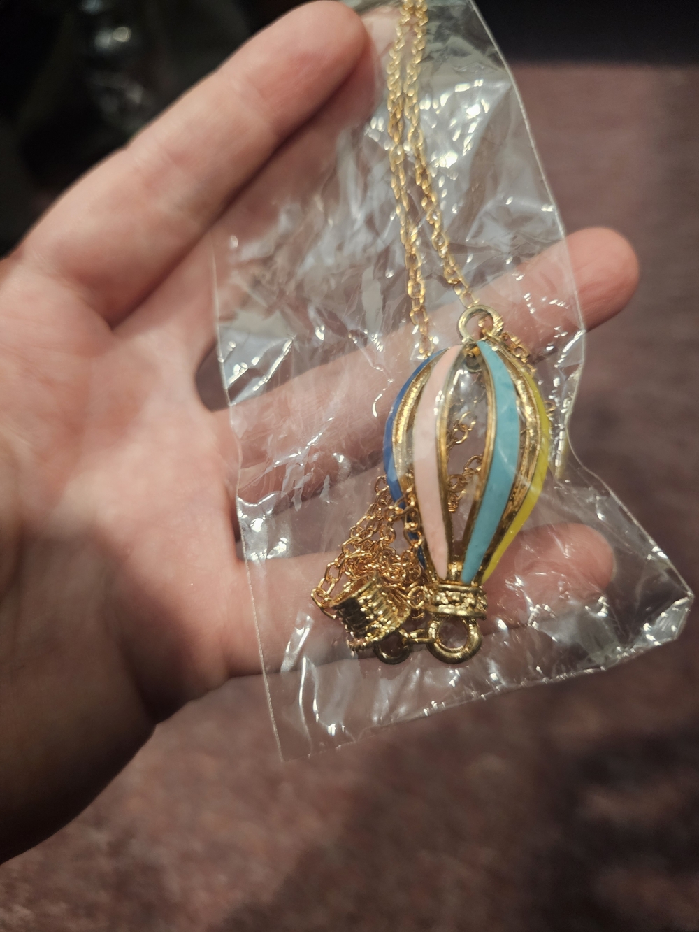 Gold Colored Hot Air Balloon Pendant Necklace with Blue, Pink & Yellow Enamel